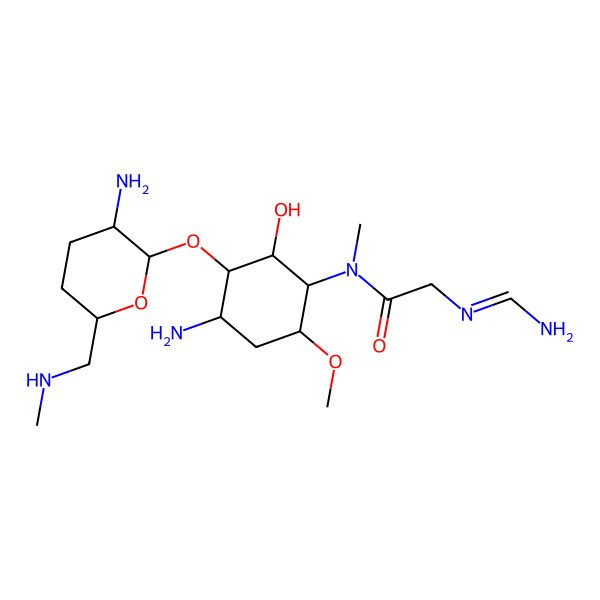 2D Structure of N-[4-amino-3-[3-amino-6-(methylaminomethyl)oxan-2-yl]oxy-2-hydroxy-6-methoxycyclohexyl]-2-(aminomethylideneamino)-N-methylacetamide