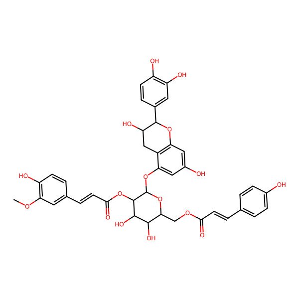 2D Structure of [(2R,3S,4S,5R,6S)-6-[[(2R,3S)-2-(3,4-dihydroxyphenyl)-3,7-dihydroxy-3,4-dihydro-2H-chromen-5-yl]oxy]-3,4-dihydroxy-5-[(E)-3-(4-hydroxy-3-methoxyphenyl)prop-2-enoyl]oxyoxan-2-yl]methyl (E)-3-(4-hydroxyphenyl)prop-2-enoate