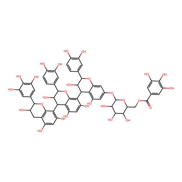2D Structure of [(2R,3S,4S,5R,6S)-6-[[(2R,3S,4S)-2-(3,4-dihydroxyphenyl)-4-[(2R,3S,4R)-2-(3,4-dihydroxyphenyl)-3,5,7-trihydroxy-4-[(2R,3R)-3,5,7-trihydroxy-2-(3,4,5-trihydroxyphenyl)-3,4-dihydro-2H-chromen-8-yl]-3,4-dihydro-2H-chromen-8-yl]-3,5-dihydroxy-3,4-dihydro-2H-chromen-7-yl]oxy]-3,4,5-trihydroxyoxan-2-yl]methyl 3,4,5-trihydroxybenzoate