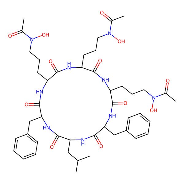 2D Structure of N-[3-[5,17-bis[3-[acetyl(hydroxy)amino]propyl]-8,14-dibenzyl-11-(2-methylpropyl)-3,6,9,12,15,18-hexaoxo-1,4,7,10,13,16-hexazacyclooctadec-2-yl]propyl]-N-hydroxyacetamide