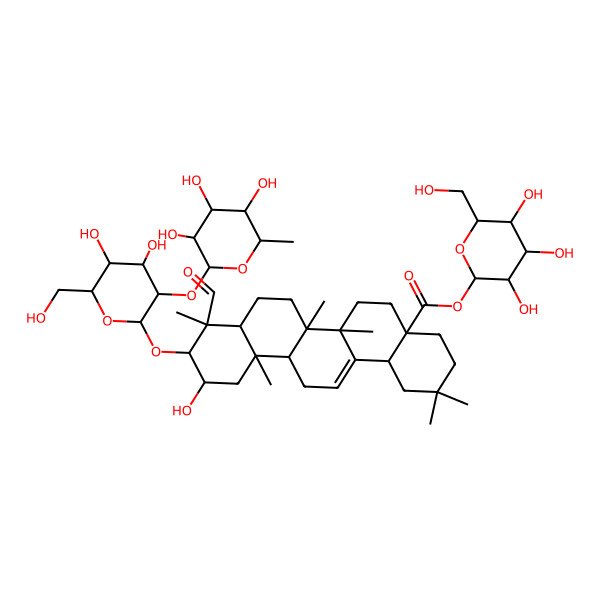 2D Structure of [3,4,5-Trihydroxy-6-(hydroxymethyl)oxan-2-yl] 10-[4,5-dihydroxy-6-(hydroxymethyl)-3-(3,4,5-trihydroxy-6-methyloxan-2-yl)oxyoxan-2-yl]oxy-9-formyl-11-hydroxy-2,2,6a,6b,9,12a-hexamethyl-1,3,4,5,6,6a,7,8,8a,10,11,12,13,14b-tetradecahydropicene-4a-carboxylate