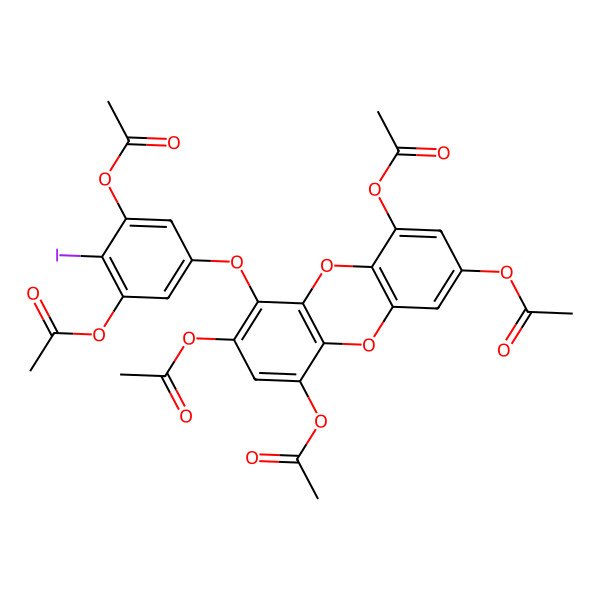 2D Structure of [4,7,9-Triacetyloxy-6-(3,5-diacetyloxy-4-iodophenoxy)dibenzo-p-dioxin-2-yl] acetate