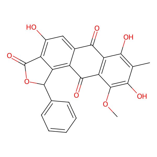 2D Structure of 4,7,9-trihydroxy-10-methoxy-8-methyl-1-phenyl-1H-naphtho[3,2-e][2]benzofuran-3,6,11-trione