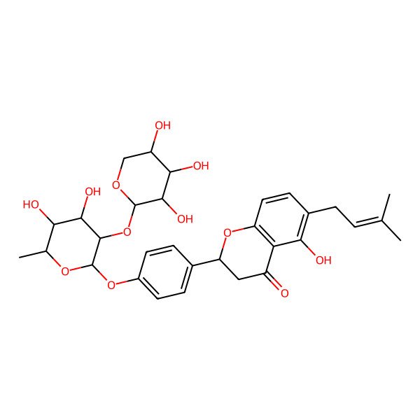2D Structure of (2R)-2-[4-[(2S,3S,4R,5R,6S)-4,5-dihydroxy-6-methyl-3-[(2R,3R,4R,5S)-3,4,5-trihydroxyoxan-2-yl]oxyoxan-2-yl]oxyphenyl]-5-hydroxy-6-(3-methylbut-2-enyl)-2,3-dihydrochromen-4-one