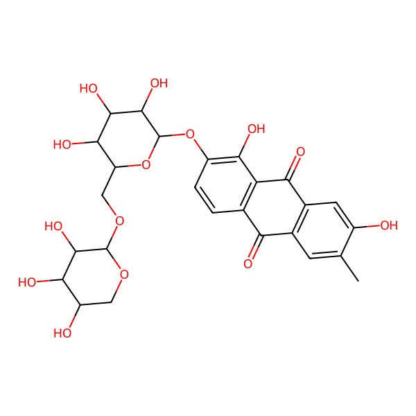 2D Structure of 1,7-dihydroxy-6-methyl-2-[(2S,3R,4S,5S,6R)-3,4,5-trihydroxy-6-[[(2S,3R,4S,5R)-3,4,5-trihydroxyoxan-2-yl]oxymethyl]oxan-2-yl]oxyanthracene-9,10-dione