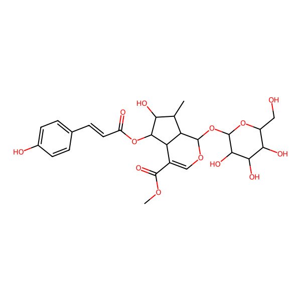 2D Structure of Methyl 6-hydroxy-5-[3-(4-hydroxyphenyl)prop-2-enoyloxy]-7-methyl-1-[3,4,5-trihydroxy-6-(hydroxymethyl)oxan-2-yl]oxy-1,4a,5,6,7,7a-hexahydrocyclopenta[c]pyran-4-carboxylate