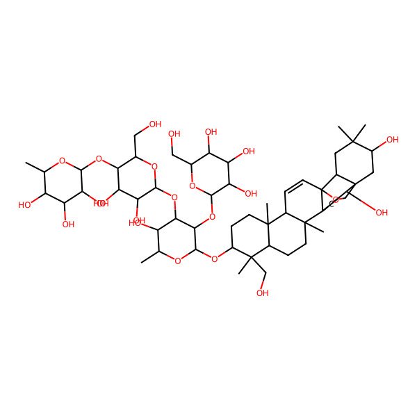 2D Structure of (2S,3R,4R,5R,6S)-2-[(2R,3S,4R,5R,6S)-6-[(2R,3R,4S,5S,6R)-2-[[(1S,2S,4S,5R,8R,9R,10S,13S,14R,17S,18R,21S)-2,21-dihydroxy-9-(hydroxymethyl)-4,5,9,13,20,20-hexamethyl-24-oxahexacyclo[15.5.2.01,18.04,17.05,14.08,13]tetracos-15-en-10-yl]oxy]-5-hydroxy-6-methyl-3-[(2S,3R,4S,5S,6R)-3,4,5-trihydroxy-6-(hydroxymethyl)oxan-2-yl]oxyoxan-4-yl]oxy-4,5-dihydroxy-2-(hydroxymethyl)oxan-3-yl]oxy-6-methyloxane-3,4,5-triol