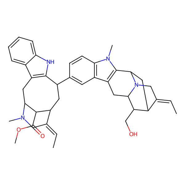 2D Structure of methyl (1S,14R,15Z,18S)-15-ethylidene-12-[(1S,14R,15Z)-15-ethylidene-13-(hydroxymethyl)-3-methyl-3,17-diazapentacyclo[12.3.1.02,10.04,9.012,17]octadeca-2(10),4(9),5,7-tetraen-7-yl]-17-methyl-10,17-diazatetracyclo[12.3.1.03,11.04,9]octadeca-3(11),4,6,8-tetraene-18-carboxylate