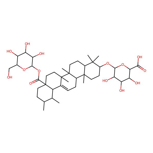 2D Structure of (2S,3R,4S,5R,6R)-6-[[(3S,4aR,6aR,6bS,8aS,11R,12S,12aS,14aR,14bR)-4,4,6a,6b,11,12,14b-heptamethyl-8a-[(2S,3R,4S,5S,6R)-3,4,5-trihydroxy-6-(hydroxymethyl)oxan-2-yl]oxycarbonyl-2,3,4a,5,6,7,8,9,10,11,12,12a,14,14a-tetradecahydro-1H-picen-3-yl]oxy]-3,4,5-trihydroxyoxane-2-carboxylic acid