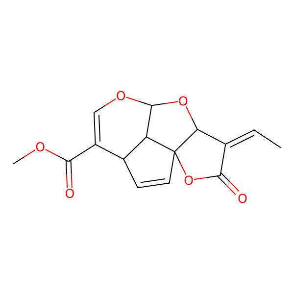 2D Structure of methyl (1R,4R,8S,10S,11Z,14S)-11-ethylidene-12-oxo-7,9,13-trioxatetracyclo[6.5.1.01,10.04,14]tetradeca-2,5-diene-5-carboxylate