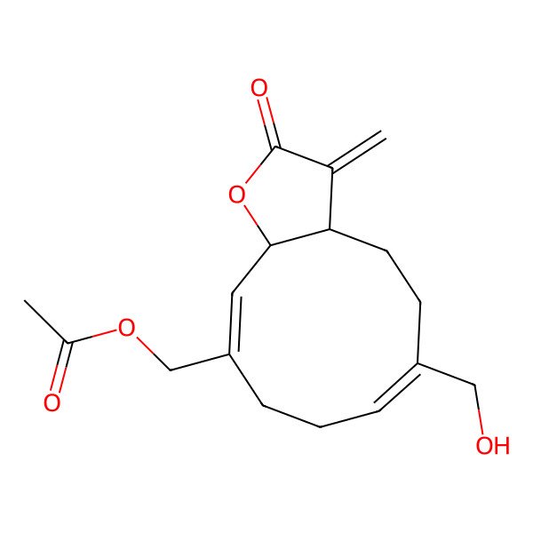 2D Structure of [(3aS,6Z,10Z,11aR)-6-(hydroxymethyl)-3-methylidene-2-oxo-3a,4,5,8,9,11a-hexahydrocyclodeca[b]furan-10-yl]methyl acetate