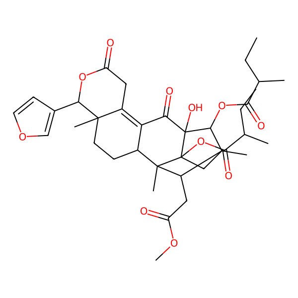 2D Structure of [6-(Furan-3-yl)-13-hydroxy-18-(2-methoxy-2-oxoethyl)-1,5,15-trimethyl-17-(2-methylbutanoyloxy)-8,12-dioxo-7-oxapentacyclo[13.2.1.02,11.05,10.013,17]octadec-10-en-14-yl] 2-methylbutanoate