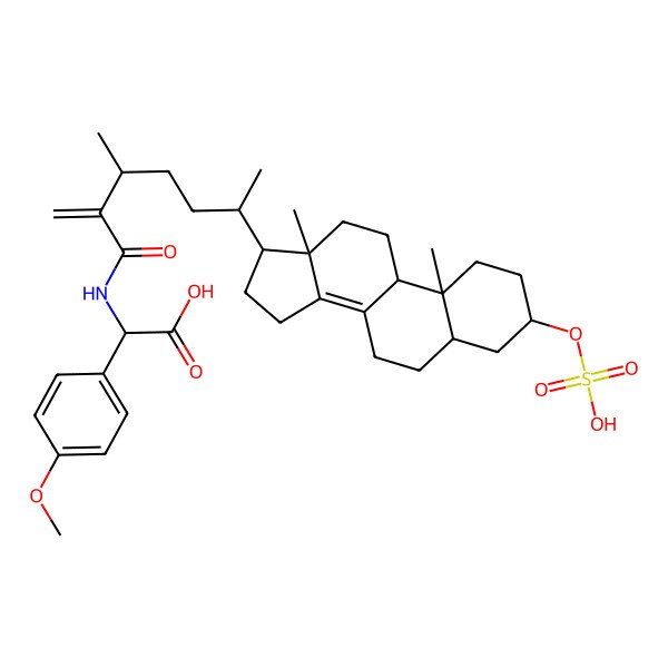 2D Structure of (2S)-2-[[(6R)-6-[(3S,5S,9R,10S,13R,17R)-10,13-dimethyl-3-sulfooxy-2,3,4,5,6,7,9,11,12,15,16,17-dodecahydro-1H-cyclopenta[a]phenanthren-17-yl]-3-methyl-2-methylideneheptanoyl]amino]-2-(4-methoxyphenyl)acetic acid