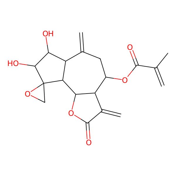 2D Structure of (7,8-Dihydroxy-3,6-dimethylidene-2-oxospiro[3a,4,5,6a,7,8,9a,9b-octahydroazuleno[4,5-b]furan-9,2'-oxirane]-4-yl) 2-methylprop-2-enoate