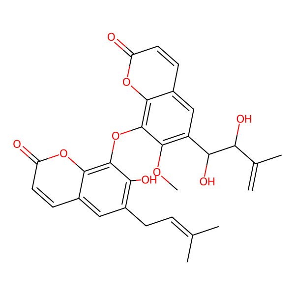 2D Structure of 8-[6-(1,2-Dihydroxy-3-methylbut-3-enyl)-7-methoxy-2-oxochromen-8-yl]oxy-7-hydroxy-6-(3-methylbut-2-enyl)chromen-2-one