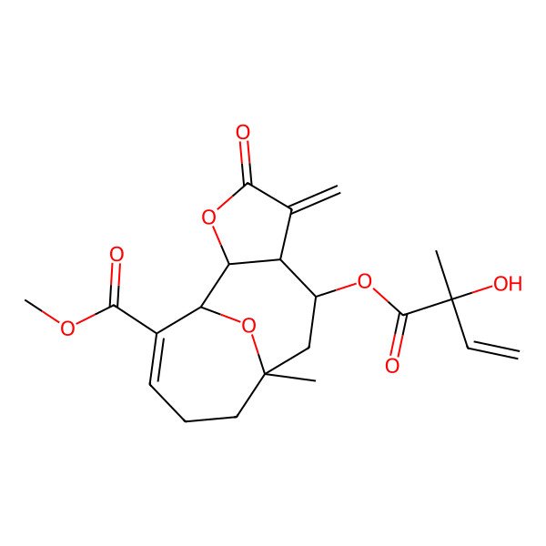 2D Structure of methyl (1R,2S,6R,7R,9S)-7-[(2S)-2-hydroxy-2-methylbut-3-enoyl]oxy-9-methyl-5-methylidene-4-oxo-3,14-dioxatricyclo[7.4.1.02,6]tetradec-12-ene-13-carboxylate