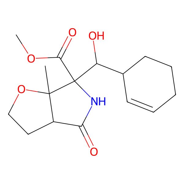 2D Structure of methyl (3aR,6R,6aS)-6-[(S)-[(1S)-cyclohex-2-en-1-yl]-hydroxymethyl]-6a-methyl-4-oxo-2,3,3a,5-tetrahydrofuro[2,3-c]pyrrole-6-carboxylate