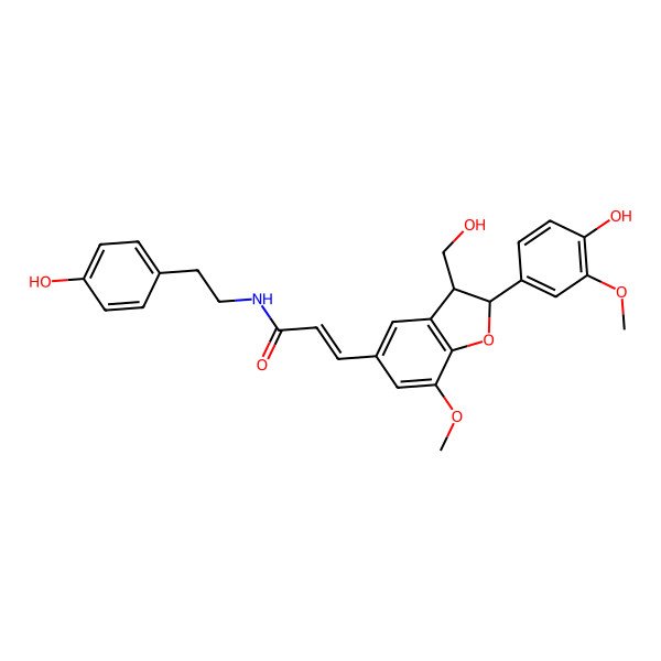 2D Structure of (E)-3-[(2R,3S)-2-(4-hydroxy-3-methoxyphenyl)-3-(hydroxymethyl)-7-methoxy-2,3-dihydro-1-benzofuran-5-yl]-N-[2-(4-hydroxyphenyl)ethyl]prop-2-enamide