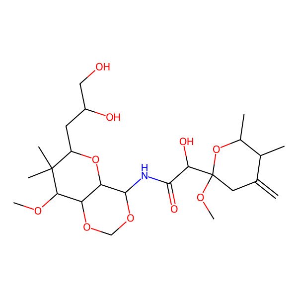 2D Structure of N-[6-(2,3-dihydroxypropyl)-8-methoxy-7,7-dimethyl-4a,6,8,8a-tetrahydro-4H-pyrano[3,2-d][1,3]dioxin-4-yl]-2-hydroxy-2-(2-methoxy-5,6-dimethyl-4-methylideneoxan-2-yl)acetamide