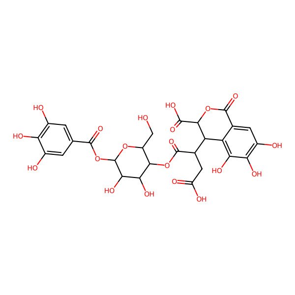 2D Structure of (3S,4S)-4-[(2S)-3-carboxy-1-[(2R,3S,4R,5R,6S)-4,5-dihydroxy-2-(hydroxymethyl)-6-(3,4,5-trihydroxybenzoyl)oxyoxan-3-yl]oxy-1-oxopropan-2-yl]-5,6,7-trihydroxy-1-oxo-3,4-dihydroisochromene-3-carboxylic acid