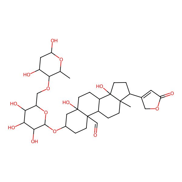 2D Structure of (3S,5S,10S,13R,14S,17R)-3-[(2R,5S)-6-[[(3R,6S)-4,6-dihydroxy-2-methyloxan-3-yl]oxymethyl]-3,4,5-trihydroxyoxan-2-yl]oxy-5,14-dihydroxy-13-methyl-17-(5-oxo-2H-furan-3-yl)-2,3,4,6,7,8,9,11,12,15,16,17-dodecahydro-1H-cyclopenta[a]phenanthrene-10-carbaldehyde