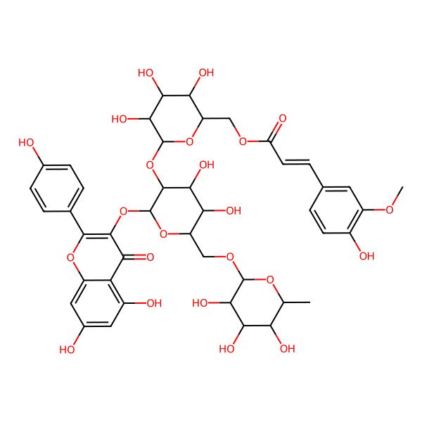 2D Structure of [(2R,3S,4S,5S,6S)-6-[(2S,3S,4R,5R,6R)-2-[5,7-dihydroxy-2-(4-hydroxyphenyl)-4-oxochromen-3-yl]oxy-4,5-dihydroxy-6-[[(2R,3S,4S,5R,6R)-3,4,5-trihydroxy-6-methyloxan-2-yl]oxymethyl]oxan-3-yl]oxy-3,4,5-trihydroxyoxan-2-yl]methyl (E)-3-(4-hydroxy-3-methoxyphenyl)prop-2-enoate