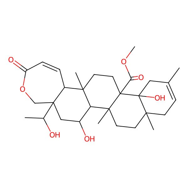 2D Structure of methyl (1R,2R,5S,10S,11S,14S,15R,21S,23R)-10,23-dihydroxy-21-[(1S)-1-hydroxyethyl]-2,5,8,14-tetramethyl-18-oxo-19-oxapentacyclo[12.9.0.02,11.05,10.015,21]tricosa-7,16-diene-11-carboxylate