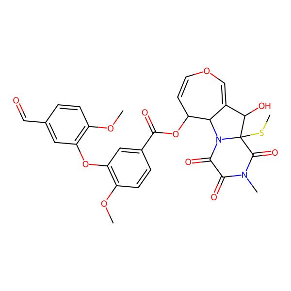 2D Structure of [(1S,7R,8R,14S)-8-hydroxy-5-methyl-7-methylsulfanyl-3,4,6-trioxo-11-oxa-2,5-diazatricyclo[7.5.0.02,7]tetradeca-9,12-dien-14-yl] 3-(5-formyl-2-methoxyphenoxy)-4-methoxybenzoate
