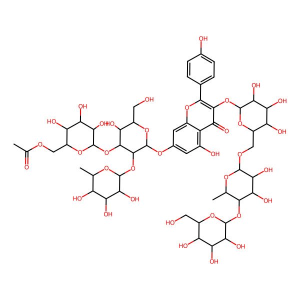 2D Structure of [6-[2-[3-[6-[[3,4-Dihydroxy-6-methyl-5-[3,4,5-trihydroxy-6-(hydroxymethyl)oxan-2-yl]oxyoxan-2-yl]oxymethyl]-3,4,5-trihydroxyoxan-2-yl]oxy-5-hydroxy-2-(4-hydroxyphenyl)-4-oxochromen-7-yl]oxy-5-hydroxy-6-(hydroxymethyl)-3-(3,4,5-trihydroxy-6-methyloxan-2-yl)oxyoxan-4-yl]oxy-3,4,5-trihydroxyoxan-2-yl]methyl acetate