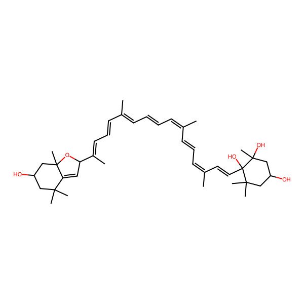 2D Structure of (1S,2R,4S)-1-[(1E,3E,5E,7E,9E,11E,13E,15E)-16-[(2R,6S,7aR)-6-hydroxy-4,4,7a-trimethyl-2,5,6,7-tetrahydro-1-benzofuran-2-yl]-3,7,12-trimethylheptadeca-1,3,5,7,9,11,13,15-octaenyl]-2,6,6-trimethylcyclohexane-1,2,4-triol