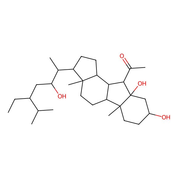2D Structure of 1-[(3R,3aS,5aS,5bR,8S,9aR,10R,10aS,10bS)-3-[(2S,3R,5R)-5-ethyl-3-hydroxy-6-methylheptan-2-yl]-8,9a-dihydroxy-3a,5b-dimethyl-2,3,4,5,5a,6,7,8,9,10,10a,10b-dodecahydro-1H-cyclopenta[a]fluoren-10-yl]ethanone