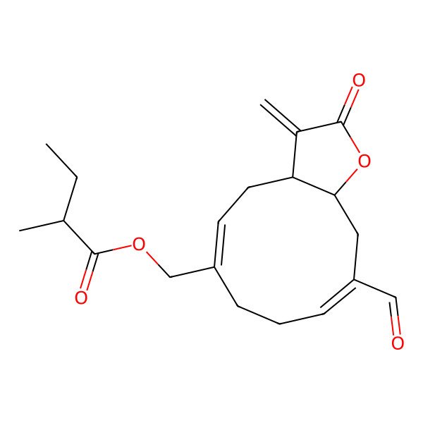 2D Structure of [(3aR,5Z,9E,11aS)-10-formyl-3-methylidene-2-oxo-3a,4,7,8,11,11a-hexahydrocyclodeca[b]furan-6-yl]methyl (2R)-2-methylbutanoate