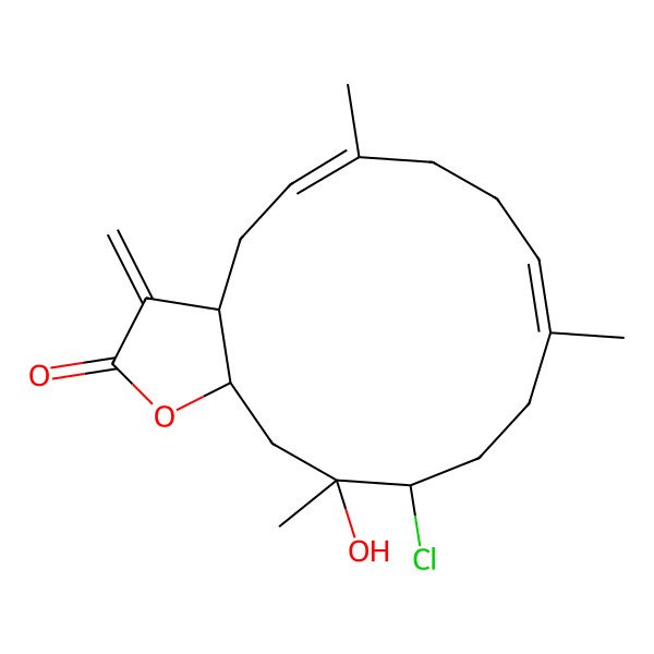 2D Structure of 13-chloro-14-hydroxy-6,10,14-trimethyl-3-methylidene-4,7,8,11,12,13,15,15a-octahydro-3aH-cyclotetradeca[b]furan-2-one