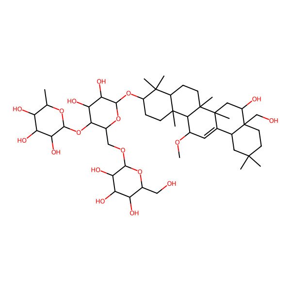 2D Structure of (2S,3S,4S,5S,6R)-2-[(2R,3S,4R,5R,6R)-6-[[(3S,4aR,6aR,6bS,8S,8aS,12aR,14R,14aR,14bS)-8-hydroxy-8a-(hydroxymethyl)-14-methoxy-4,4,6a,6b,11,11,14b-heptamethyl-1,2,3,4a,5,6,7,8,9,10,12,12a,14,14a-tetradecahydropicen-3-yl]oxy]-4,5-dihydroxy-2-[[(2R,3R,4S,5S,6R)-3,4,5-trihydroxy-6-(hydroxymethyl)oxan-2-yl]oxymethyl]oxan-3-yl]oxy-6-methyloxane-3,4,5-triol