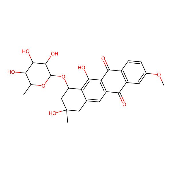 2D Structure of 6,9-dihydroxy-2-methoxy-9-methyl-7-(3,4,5-trihydroxy-6-methyloxan-2-yl)oxy-8,10-dihydro-7H-tetracene-5,12-dione