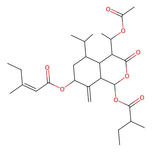 2D Structure of [(1R,4S,4aS,5S,7R,8aR)-4-[(1R)-1-acetyloxyethyl]-1-[(2R)-2-methylbutanoyl]oxy-8-methylidene-3-oxo-5-propan-2-yl-4,4a,5,6,7,8a-hexahydro-1H-isochromen-7-yl] (E)-3-methylpent-2-enoate