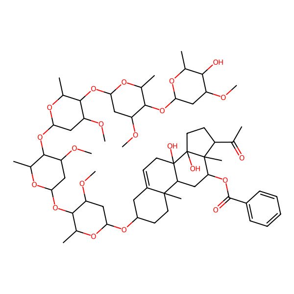 2D Structure of [(3S,8S,9R,10R,12R,13S,14R,17R)-17-acetyl-8,14-dihydroxy-3-[(2R,4S,5R,6R)-5-[(2S,4S,5R,6R)-5-[(2S,4S,5R,6R)-5-[(2S,4S,5R,6R)-5-[(2S,4S,5R,6R)-5-hydroxy-4-methoxy-6-methyloxan-2-yl]oxy-4-methoxy-6-methyloxan-2-yl]oxy-4-methoxy-6-methyloxan-2-yl]oxy-4-methoxy-6-methyloxan-2-yl]oxy-4-methoxy-6-methyloxan-2-yl]oxy-10,13-dimethyl-2,3,4,7,9,11,12,15,16,17-decahydro-1H-cyclopenta[a]phenanthren-12-yl] benzoate