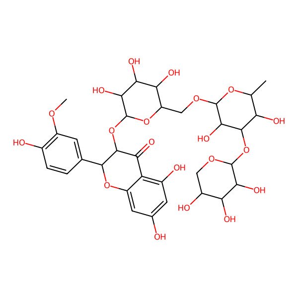 2D Structure of 3-[(2S,3R,4S,5R,6S)-6-[[(2R,3S,4R,5S,6S)-3,5-dihydroxy-6-methyl-4-[(3R,4S,5R)-3,4,5-trihydroxyoxan-2-yl]oxyoxan-2-yl]oxymethyl]-3,4,5-trihydroxyoxan-2-yl]oxy-5,7-dihydroxy-2-(4-hydroxy-3-methoxyphenyl)-2,3-dihydrochromen-4-one