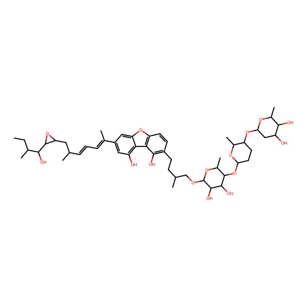 2D Structure of 2-[4-[5-[5-(4,5-Dihydroxy-6-methyloxan-2-yl)oxy-6-methyloxan-2-yl]oxy-3,4-dihydroxy-6-methyloxan-2-yl]oxy-3-methylbutyl]-7-[7-[3-(1-hydroxy-2-methylbutyl)oxiran-2-yl]-6-methylhepta-2,4-dien-2-yl]dibenzofuran-1,9-diol
