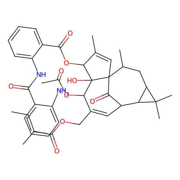 2D Structure of [(1S,4S,5R,6R,9R,10R,12R,14R)-6-acetyloxy-5-hydroxy-3,11,11,14-tetramethyl-7-[[(Z)-2-methylbut-2-enoyl]oxymethyl]-15-oxo-4-tetracyclo[7.5.1.01,5.010,12]pentadeca-2,7-dienyl] 2-[(2-aminobenzoyl)amino]benzoate