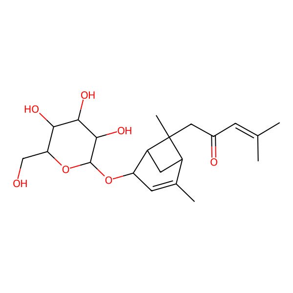 2D Structure of 1-[(1S,4S,5S,6S)-2,6-dimethyl-4-[(2R,3R,4S,5S,6R)-3,4,5-trihydroxy-6-(hydroxymethyl)oxan-2-yl]oxy-6-bicyclo[3.1.1]hept-2-enyl]-4-methylpent-3-en-2-one