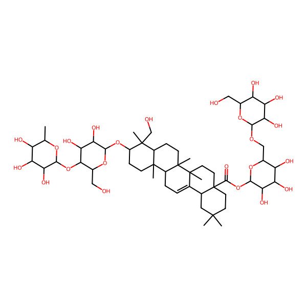 2D Structure of [3,4,5-Trihydroxy-6-[[3,4,5-trihydroxy-6-(hydroxymethyl)oxan-2-yl]oxymethyl]oxan-2-yl] 10-[3,4-dihydroxy-6-(hydroxymethyl)-5-(3,4,5-trihydroxy-6-methyloxan-2-yl)oxyoxan-2-yl]oxy-9-(hydroxymethyl)-2,2,6a,6b,9,12a-hexamethyl-1,3,4,5,6,6a,7,8,8a,10,11,12,13,14b-tetradecahydropicene-4a-carboxylate