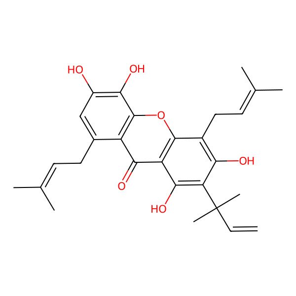 2D Structure of (4,8-Di(3,3-dimethylallyl)-2-(1,1-dimethylallyl)-1,3,5,6-tetrahydroxyxanthone)