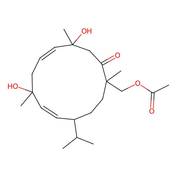 2D Structure of (4,8-Dihydroxy-1,4,8-trimethyl-2-oxo-11-propan-2-ylcyclotrideca-5,9-dien-1-yl)methyl acetate