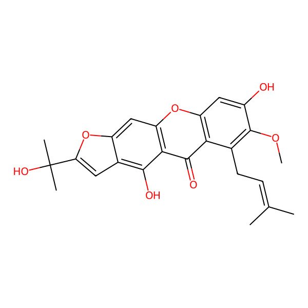 2D Structure of 4,8-Dihydroxy-2-(2-hydroxypropan-2-yl)-7-methoxy-6-(3-methylbut-2-enyl)furo[3,2-b]xanthen-5-one