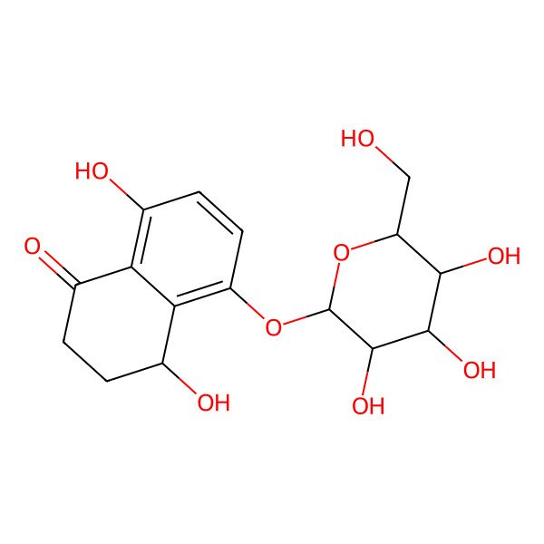 2D Structure of 4,8-dihydroxy-5-[3,4,5-trihydroxy-6-(hydroxymethyl)oxan-2-yl]oxy-3,4-dihydro-2H-naphthalen-1-one