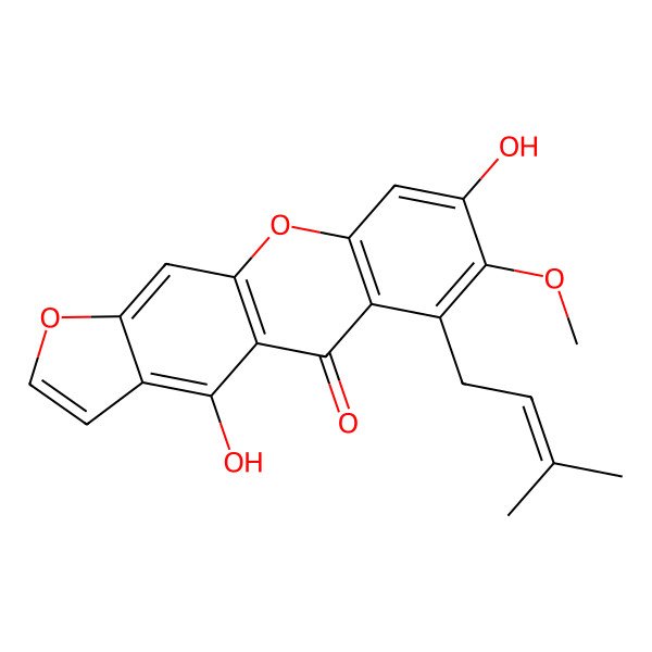 2D Structure of 4,8-Dihydroxy-7-methoxy-6-(3-methylbut-2-enyl)furo[3,2-b]xanthen-5-one