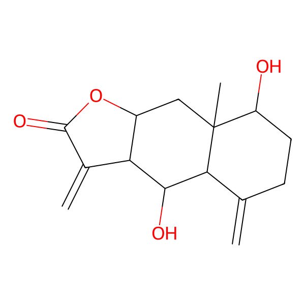 2D Structure of 4,8-Dihydroxy-8a-methyl-3,5-dimethylidene-3a,4,4a,6,7,8,9,9a-octahydrobenzo[f][1]benzofuran-2-one