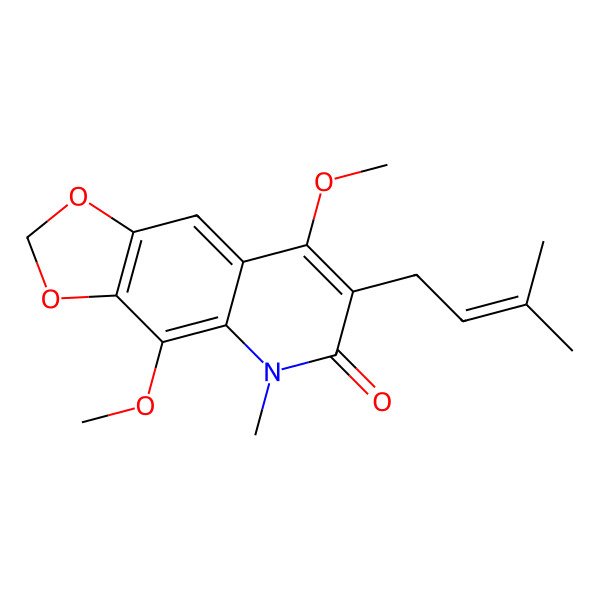 2D Structure of 4,8-Dimethoxy-5-methyl-7-(3-methylbut-2-enyl)-[1,3]dioxolo[4,5-g]quinolin-6-one
