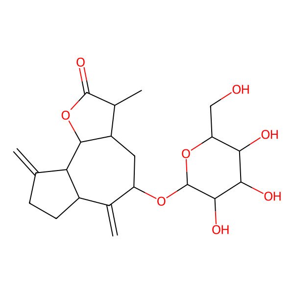 2D Structure of (3S,3aS,5R,6aR,9aR,9bS)-3-methyl-6,9-dimethylidene-5-[(2R,3R,4S,5S,6R)-3,4,5-trihydroxy-6-(hydroxymethyl)oxan-2-yl]oxy-3a,4,5,6a,7,8,9a,9b-octahydro-3H-azuleno[4,5-b]furan-2-one